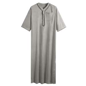 Thobe musulman pour homme à manches courtes et col en V gris, léger pour l'été, Jubba islamique, Kandura, Dishdasha, robe traditionnelle arabe - Product Image 2