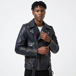 <b>Men's</b> Black <b>Suede</b> Coated Moto <b>Jacket</b> Stand Collar Zipper Closure Slim Fit Front Logo Autumn Style - Product Image 1
