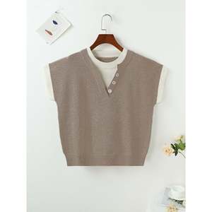 Women's Khaki Casual Colorblock Crew Neck Short Sleeve <b>Pullover</b> <b>Sweater</b> with Button - Product Image 4