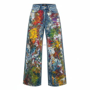 Pantalones Vaqueros Anchos de Estilo Urbano con Diseño de Salpicaduras de Pintura, Unisex, Hip Hop, Holgados, Transpirables y Vibrantes - Product Image 5