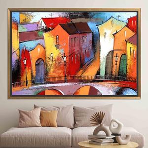 Toile imprimée Paysage Urbain Vibrant : Art Moderne Style Vitrail, TOILE ENCADRÉE DORÉE - Product Image 1