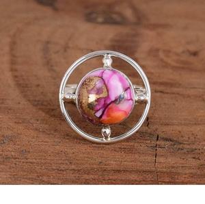 Pink Oyster Turquoise Round <b>Ring</b> in 925 <b>Silver</b> Open Disc <b>Boho</b> Jewelry Gift for Women - Product Image 1