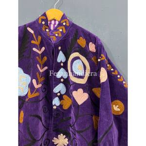Purple Velvet Floral Embroidery Women's Short <b>Jacket</b> Coat Autumn Winter <b>Hippie</b> Style Suzani Fabric Cotton Lining Knitted - Product Image 1