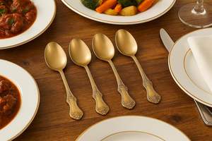 Ensemble de couverts réutilisables cuillère fourchette, couverts de luxe en or vintage gravés, ensemble de vaisselle, couverts de mariage, restaurant d'hôtel - Product Image 3