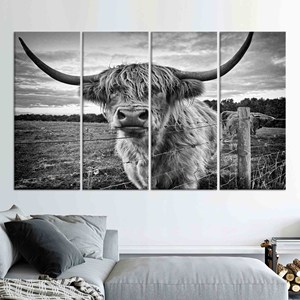 Tableau mural en toile Vache des Highlands : Bovins Longhorn, Impression décorative style ferme, LOT DE 4 TOILES - Product Image 1
