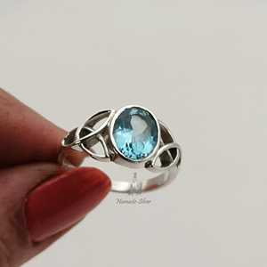 925 Sterling Silver Blue Topaz <b>Ring</b> Handmade <b>Celtic</b> Knot Design Natural Blue Topaz Oval Gemstone December Birthstone Jewelry - Product Image 1