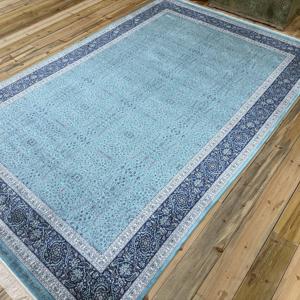 Tapis turc 6,4x6,7 pieds, grand tapis vintage, tapis en soie à carreaux bleus - Product Image 3
