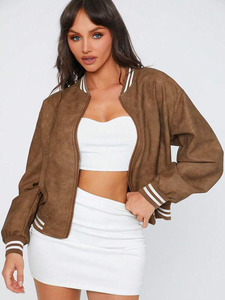 Blouson aviateur pour femme en cuir de vachette marron, style varsity, fermeture éclair, broderie, doublure en laine respirante, streetwear - Product Image 3