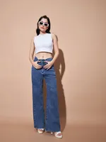 Jean en denim bleu clair taille haute pour femme, coupe droite, décontracté, respirant, style Y2K, avec broderies, déchirures, nœuds et décorations à pampilles, coupe bootcut