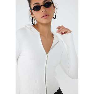 Casual Ecru Hooded Zip-Up Knit <b>Cardigan</b> <b>Crocheted</b> Acrylic with Long Short Lengths for Spring Summer Autumn Winter Seasons - Product Image 4