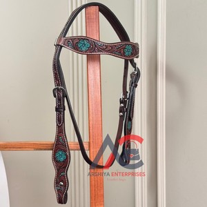 Handcrafted Western Horse Headstall Floral Hand <b>Tooled</b> <b>Leather</b> with Turquoise Accents & Adjustable Buckles for Equestrian Tack - Product Image 1