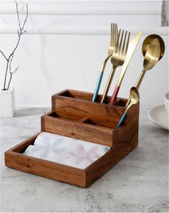 Classic Style Mango Wood <b>Kitchen</b> <b>Accessories</b> Natural Finish Napkin Cutlery Holder - Product Image 1