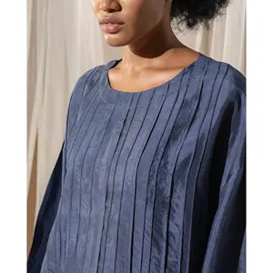 Blusa MAHIRA para Mujer, Tejida a Mano, Satén Azul con Cuello Asimétrico, Diseño a Cuadros, Estilo Retro, Talla XL, para Todas las Temporadas - Product Image 2