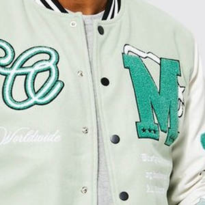 Chaqueta universitaria para hombre, Mangas de cuero de lana con parches de chenilla bordados, chaqueta de béisbol con letras de lona - Product Image 6