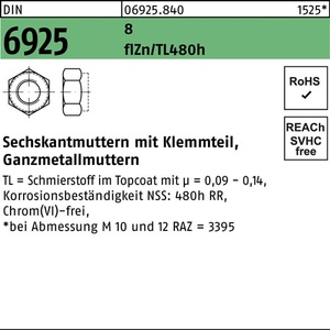 Tuerca Hexagonal DIN 6925, Elemento de Sujeción M8 8, Recubierta de Zinc en Escamas FlZnnc 480h-L, 500 Piezas - Product Image 1
