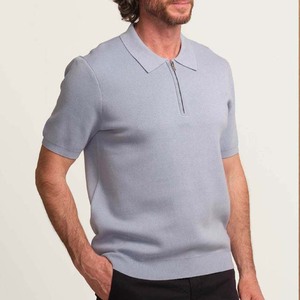 Men's Light Blue Breathable Plus Size Jersey Knitted Short Sleeve for <b>Shirt</b> Casual Solid Color Zipper <b>Collar</b> - Product Image 6
