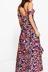 Robe longue en mousseline imprimée grande taille pour femme, col en V, manches courtes, à volants, motif floral, élégante et décontractée, mode estivale - Product Image 6