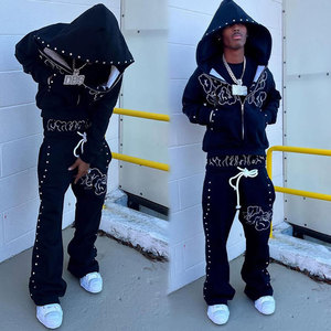 Ensemble de survêtement LAND PURE pour homme, noir, à capuche, 100 % coton, longueur intégrale, style streetwear, avec motif brodé à la main, fermeture à cordon, coupe classique - Product Image 4