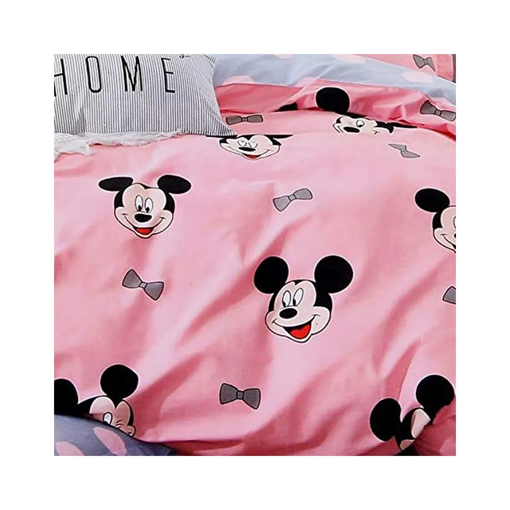 3D Glace Cotton 140 TC Chuột Micky In 3D Queen Size Giường Đôi Hiện Đại Với 2 Vỏ Gối (Màu Hồng)