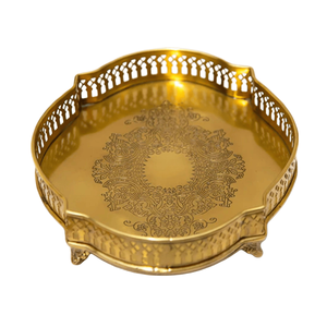 ถาดเสิร์ฟทองเหลืองสุดหรูพร้อมขอบหยักลายดอกไม้สลักลายดอกไม้สำหรับงานแต่งงานและโรงแรม - Product Image 5