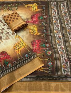 Collection de saris pour femmes en lin, coton et soie de qualité supérieure, entièrement ornés de broderies Aari, avec des glands en coton, pallu de designer Vanraaj, fabriqué en Inde - Product Image 3