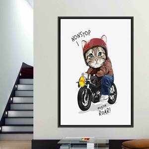 Tableau imprimé sur toile : chat mignon monté sur une moto, art mural personnalisé parfait, toile encadrée noire - Product Image 1
