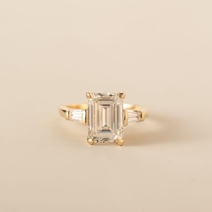 7X10mm <b>Emerald</b> Cut Moissanite Engagement <b>Ring</b> Baguette Cut Accents 925 Sterling <b>Silver</b> - Product Image 1