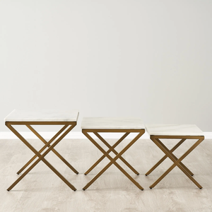 Contemporary <strong>Nested</strong> Marble Top Accent <strong>Tables</strong> with Crossed Brass Finish Iron Frames Gold Metal Side <strong>Table</strong> with <strong>White</strong> Marble Top - Product Image 2