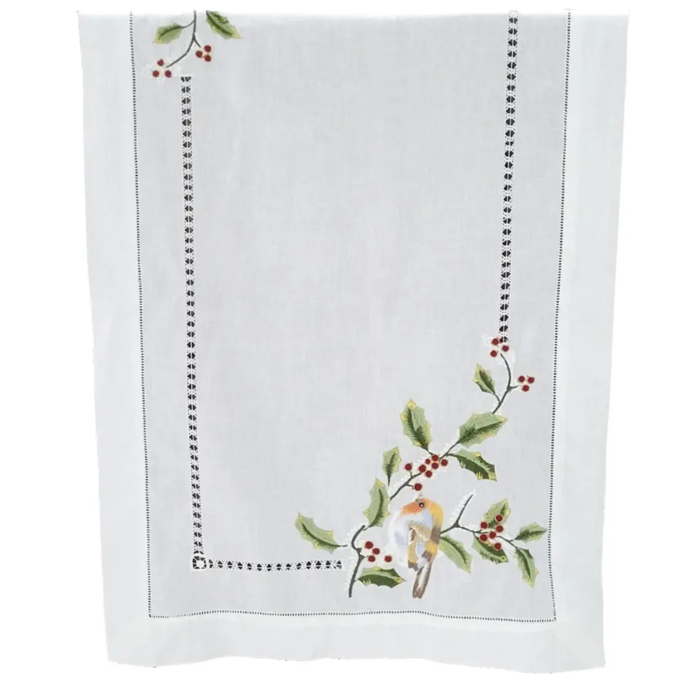 Customized Embroidered Bird and Holly Branch Table Runner High Quality White Cotton Hemstitch Table Runner For Home Hotel