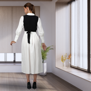 Women's Elegant Office Party Look Handmade Embellished Monochrome Tea-Length <b>Shirt</b> <b>Dress</b> Pattern <b>White</b> Button Base Black Natural - Product Image 2