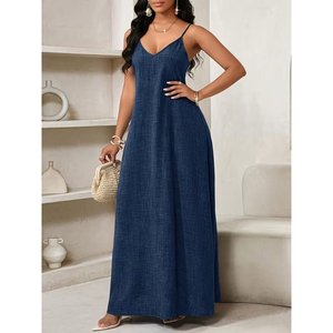 Robe longue à bretelles et col en V pour femme Jane's avec détails de poches 34337-Bleu - Product Image 3