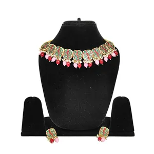 Conjunto de Collar de Una Sola Capa con Perlas Rosadas y Rojas, Chapado en Oro de 24K, para Bodas y Joyería Fina, Joyería Nupcial - Product Image 2