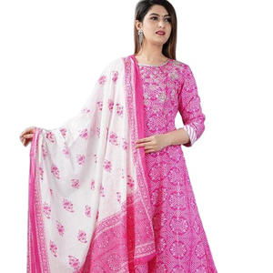 Kurtis Long en rayonne de styliste, 3 ensembles de broderie imprimée à la mode indienne trois quarts pour femmes - Product Image 1