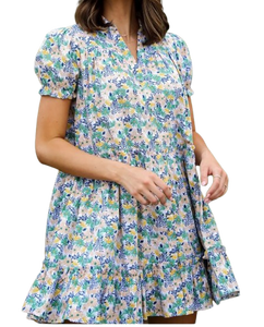 Vente chaude mode déclaration femmes blanc et bleu court imprimé fleuri robe pour la plage fête porter de l'inde - Product Image 2