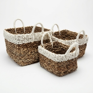 Natural Banana Bark Recycled Plastic Storage <b>Basket</b> Set White Rim <b>Rectangular</b> Arch Handle Shelf Box Setup Decor Pure Art Design - Product Image 1