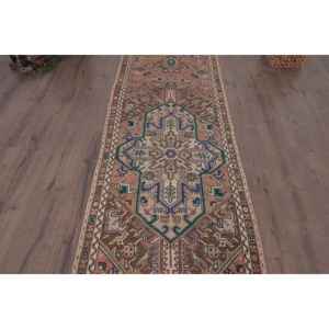 Alfombra Turca Vintage, Alfombra de Pasillo de 3x11.4 pies, Alfombra Floral Marrón y Azul - Product Image 3
