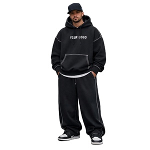 Ensemble de survêtement oversize avec surpiqûres contrastées, pantalon de jogging à jambe large et sweat à capuche, logo personnalisé, streetwear pour homme, coupe ample - Product Image 1