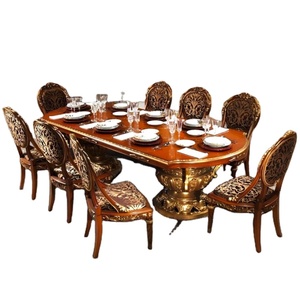 Ensemble de table à manger pliable convertible en teck massif de luxe 8 places |   Meubles sculptés en or modernes faits à la main pour la maison et l'hôtel | - Product Image 1