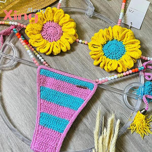 Conjunto de Bikini de Dos Piezas con Cuentas de Girasol de Ganchillo Multicolor Personalizado 2025, Cuello en V, Estampado Floral, Talla para Mujer - Product Image 1