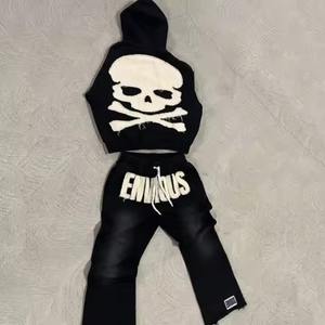 2025 OEM personnalisé hommes en détresse broderie Patch deux pièces survêtement ensemble acide lavage strass à capuche grande taille hiver - Product Image 5