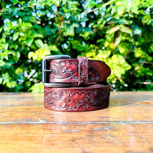 Bespoke Sheridan Design Classic Full Grain <b>Leather</b> <b>Belt</b> Horse Pattern Western Floral Carving <b>Tooling</b> Unique Roller Pin Buckle - Product Image 1