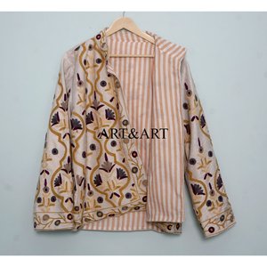 Veste matelassée en velours pour femmes, brodée à la main, motif floral, tissu tissé 100% coton, écologique, séchage rapide - Product Image 6