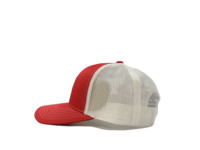 Casquette de baseball rouge personnalisée avec logo d'équipe, dos en maille blanche, 5 panneaux, couleur contrastante, pour uniforme de personnel d'événements extérieurs