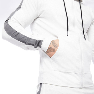Sudaderas con Capucha y Cremallera Completa para Hombre, Otoño, 100% Algodón, Ecológicas, Transpirables, Corte Holgado, Gris Blanco, Ropa Deportiva - Product Image 3