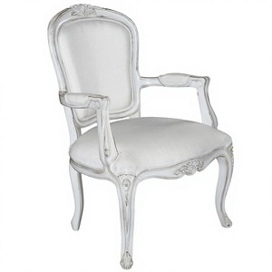 Chaise de salle à manger en bois massif acajou, tissu en lin, rembourrage ergonomique capitonné, blanc antique, style shabby chic - Product Image 1