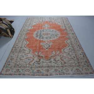 Tapis Vintage en Laine Turque de 5ft 9in X 8ft 8in, Orange Gris, Plat, Tissage, Patchwork, pour Décorations de Salon, Support en Latex - Product Image 1