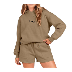 High Quality Women Casual 2 Piece <b>Knitting</b> Hoodie and Shorts <b>Set</b> Regular Fit Drop Shoulder Custom Printed Logo - Product Image 1