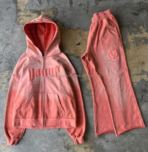 Sudadera con capucha y cremallera con lavado ácido personalizada para hombre, conjunto de Jogger con estampado de hojaldre Acampanado y pantalones de chándal, chándales de invierno - Product Image 5