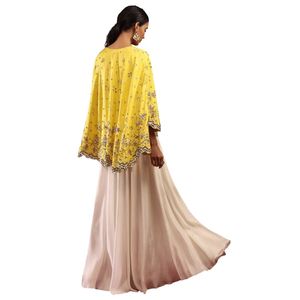 Lemon Yellow High Low <b>Cape</b> And White Palazzo Suit With Sequins And Zardosi Wholesale Women Ethnic Apparel OEM Clothing Supplier - Product Image 6