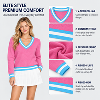 Pull en laine à col en V pour femme FNJIA, rose, bleu, blanc, avec bordure à rayures contrastées, vêtements de travail, fournisseur en gros de tricots personnalisés OEM